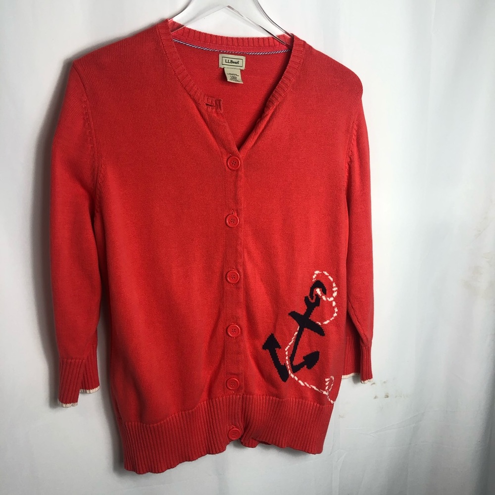 LL Bean Anchor Cardigan Sweater size Large 0655